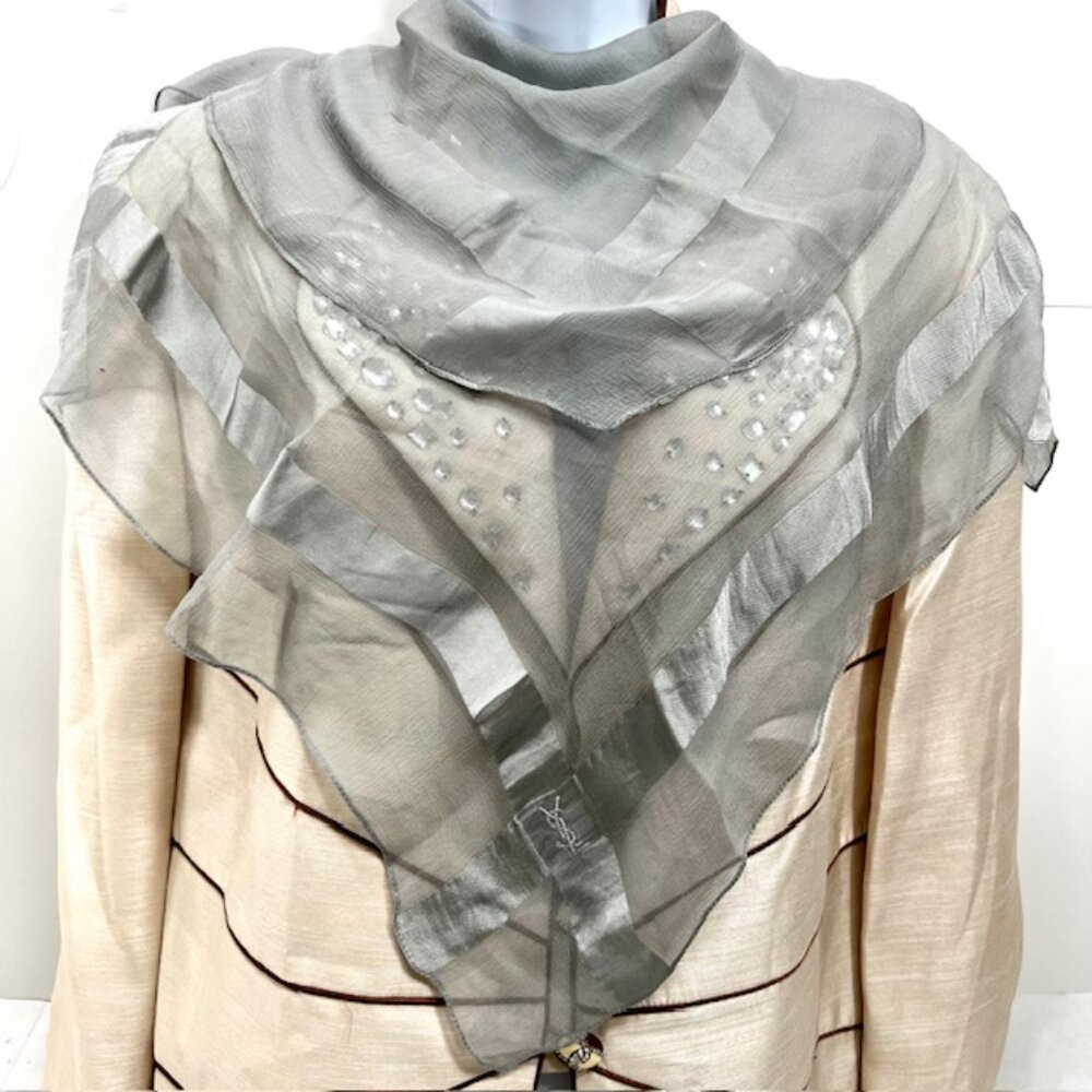 Vigt Yves Saint Laurent Mini Scarf/Handker 100% silk chiffon/satin, 27" Gray (15